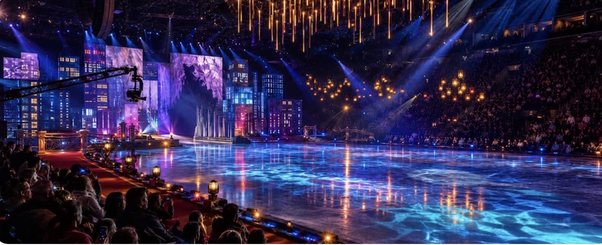 Panoramic arena view of an ice-show rink with blue lighting, city scenery and a full audience