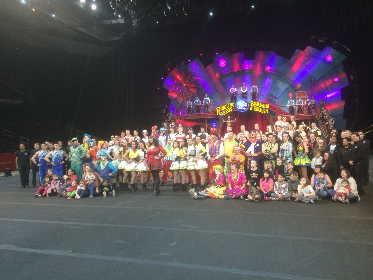 A large Ringling Bros. and Barnum and Bailey company group on the arena floor