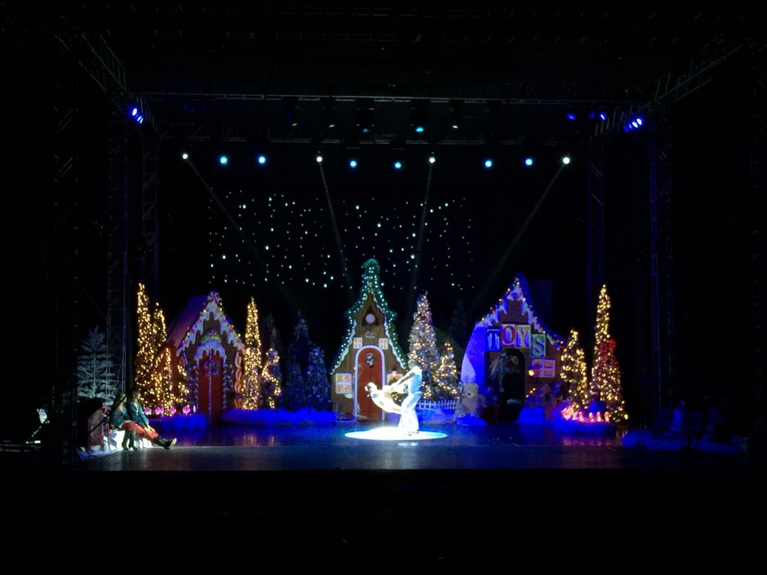 Santa Circus performers in a balancing act on the holiday-themed stage