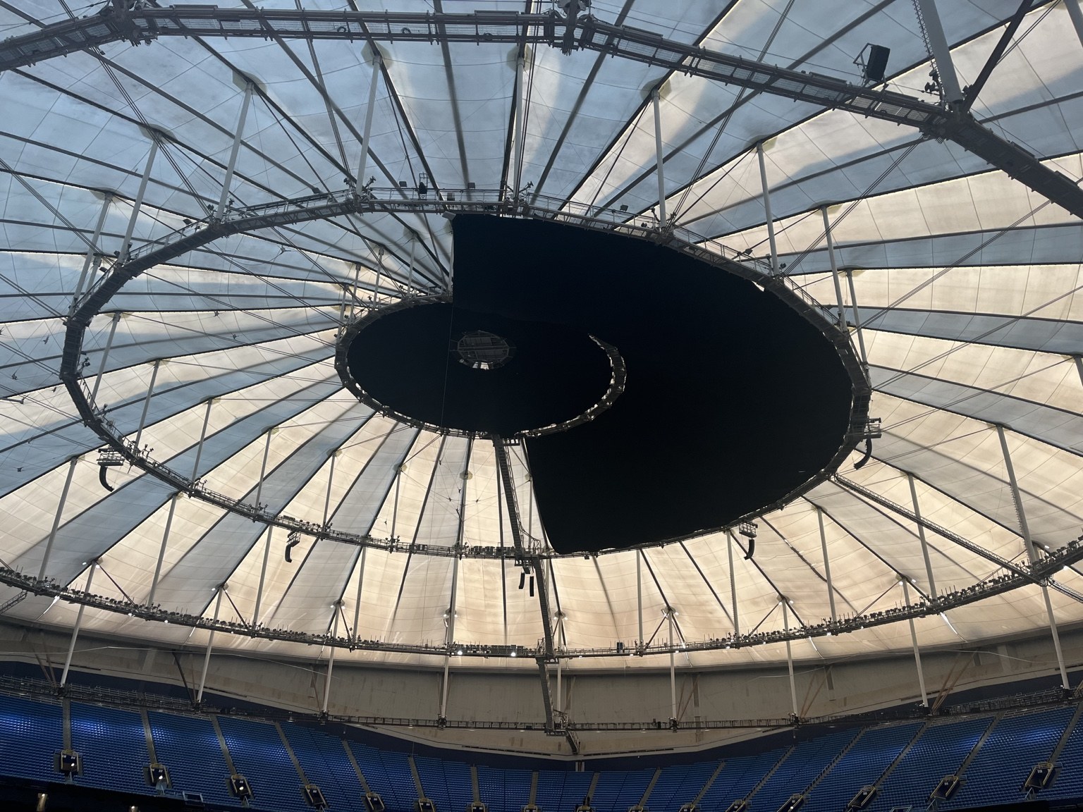 Blackout fabric covering the first portion of the circular roof