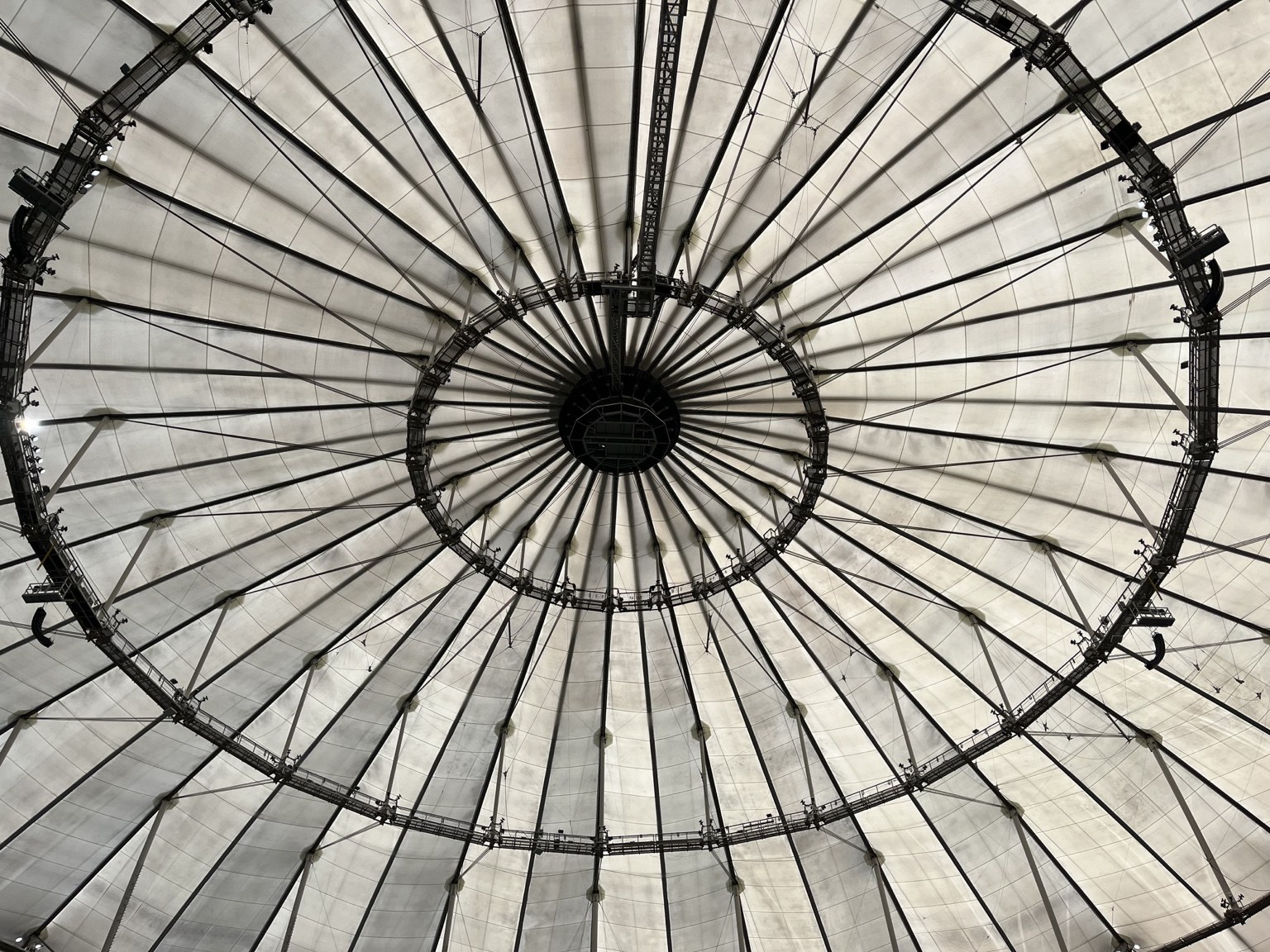 The translucent stadium roof before blackout fabric is installed